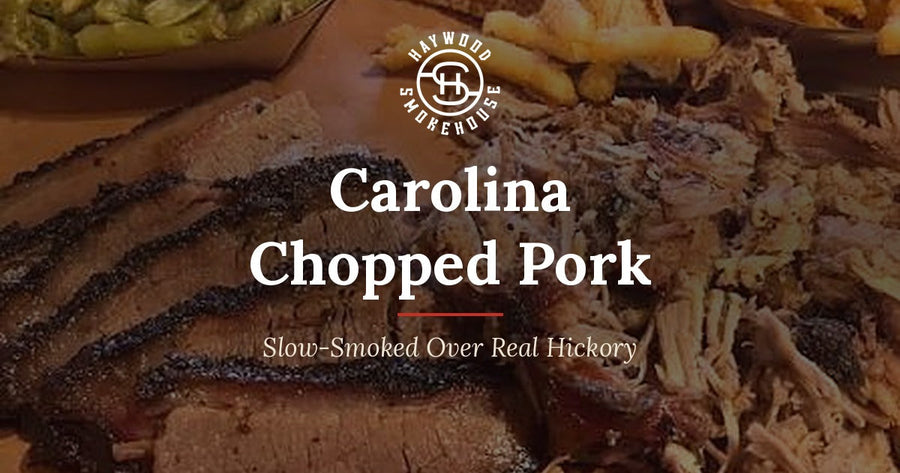 Haywood Smokehouse Carolina chopped pork with the bark mixed in, slow-smoked over real hickory.