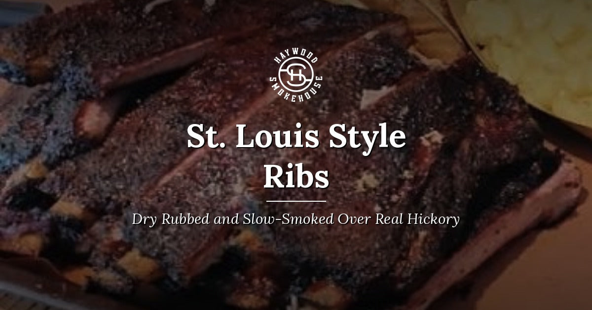 Haywood Smokehouse St. Louis style ribs, dry rubbed with our pork rub and slow-smoked over real hickory.