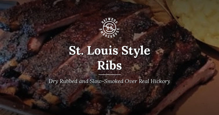 Haywood Smokehouse St. Louis style ribs, dry rubbed with our pork rub and slow-smoked over real hickory.